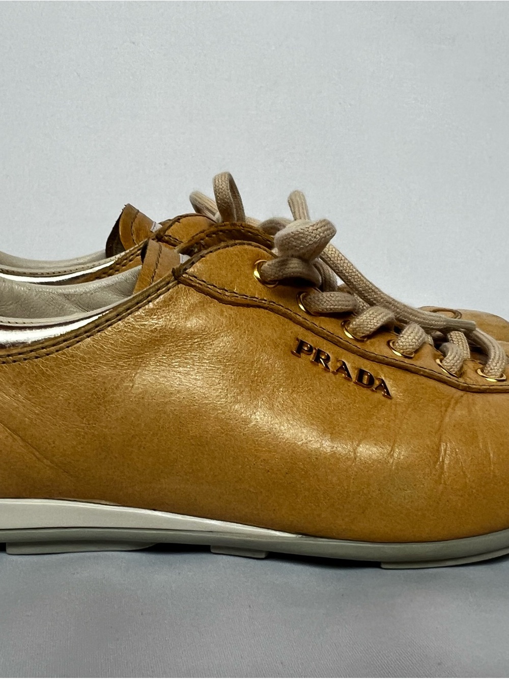 Vintage Prada Leather Sneakers Tan Cognac Low Top Shoes Size 39 Made In Italy
